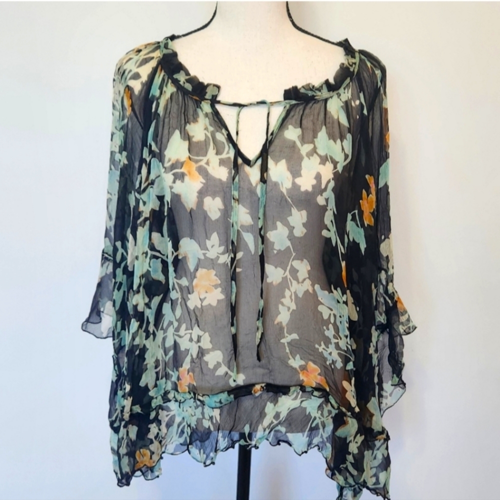 JOHNNY WAS Lindsay Flowy Floral Shear Silk Top Black Teal NWT - Picture 15 of 16